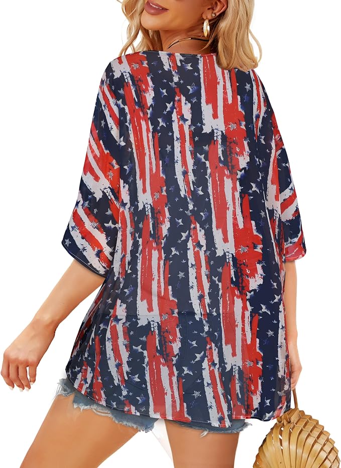 Women's Floral Print Puff Sleeve Kimono Cardigan Loose Cover Up Casual Blouse - Image 6