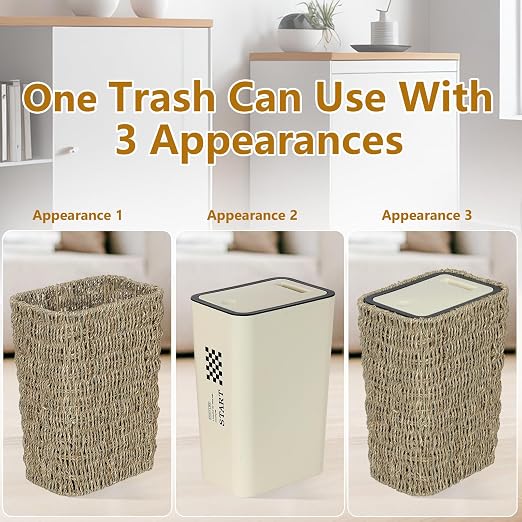 Trongee Boho Trash Can with Lid, 3 Gallon Small Rattan Trash Can with Press Top - Image 3