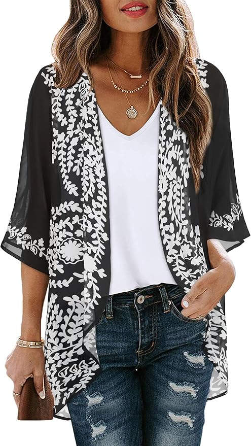 Women's Floral Print Puff Sleeve Kimono Cardigan Loose Cover Up Casual Blouse by CHICGAL
