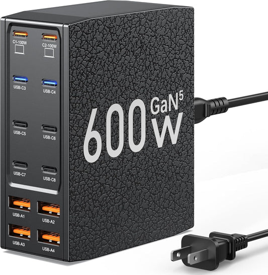 USB Charging Station (600W),12-Port USB C Charger Block with Dual 100W PD USB-C Fast Charging Station Hub for MacBook Pro/Air/All iPad Phone 17/16 15/14/13/Pro Max/Samsung Galaxy Note (Black)