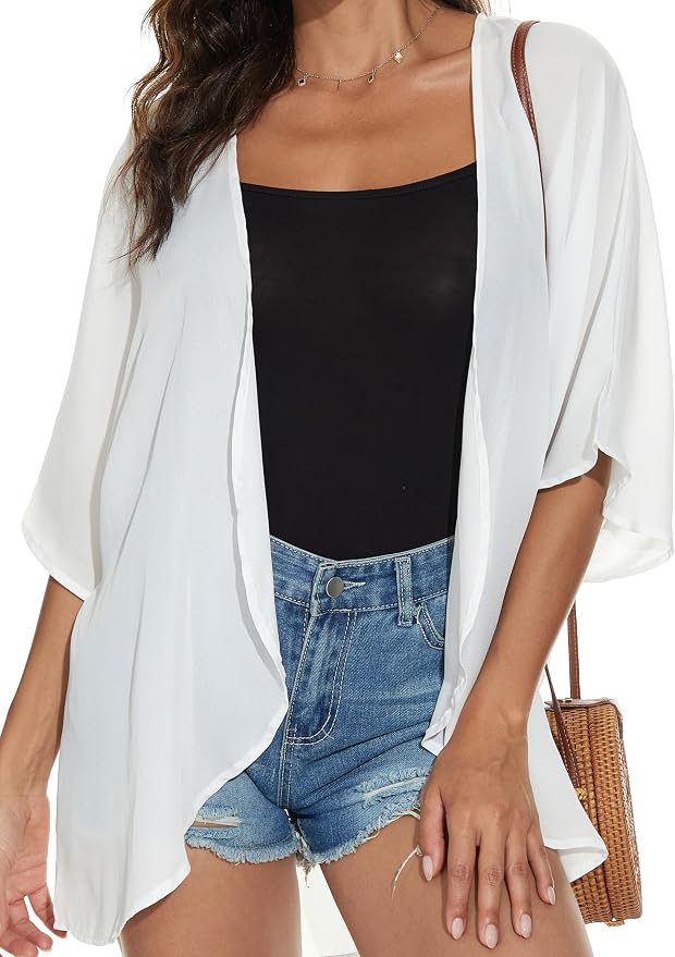 Women's Floral Print Puff Sleeve Kimono Cardigan Loose Cover Up Casual Blouse - Image 4