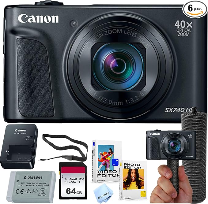Canon Powershot SX740 HS Digital Camera + 64GB Memory + Stabilizing Grip + by Amazon+Renewed