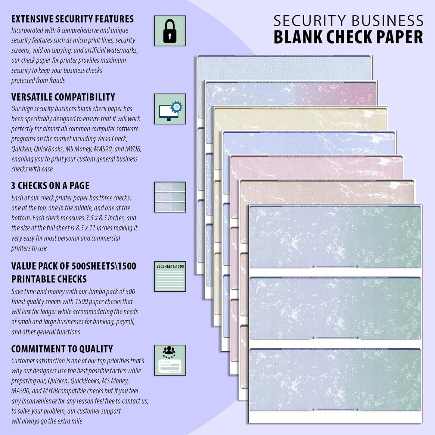 Business Voucher Check Stock - Computer Laser Checks - 3 Checks Per Page, 500 Sheets/1500 Checks, Steel Blue Pinstripe