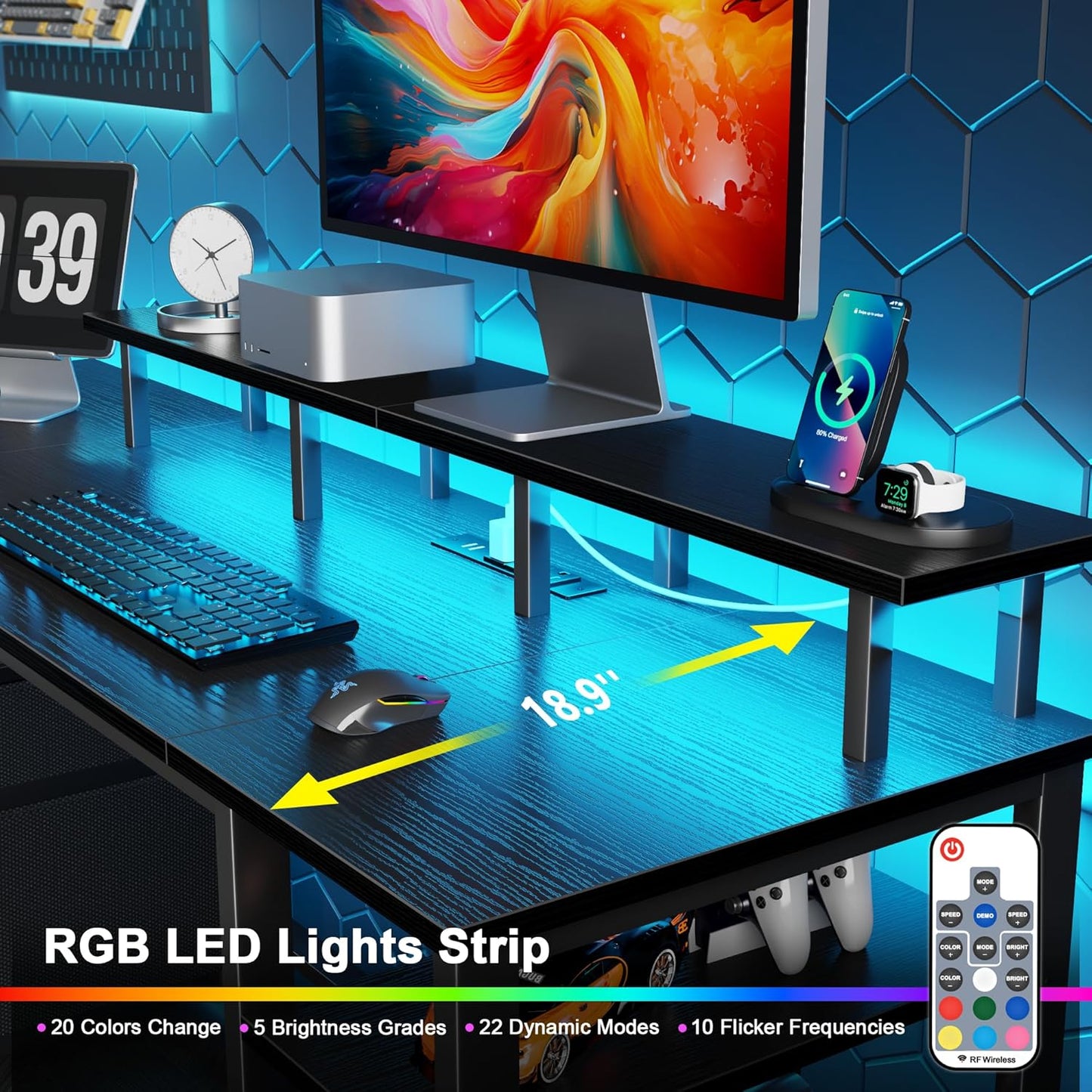 Furologee 51" Gaming Desk with Power Outlets & LED Lights, Reversible Computer Desk with File Cabinet & Monitor Stand for Home Office, Large Work Table with Storage Shelves & Drawer, Black