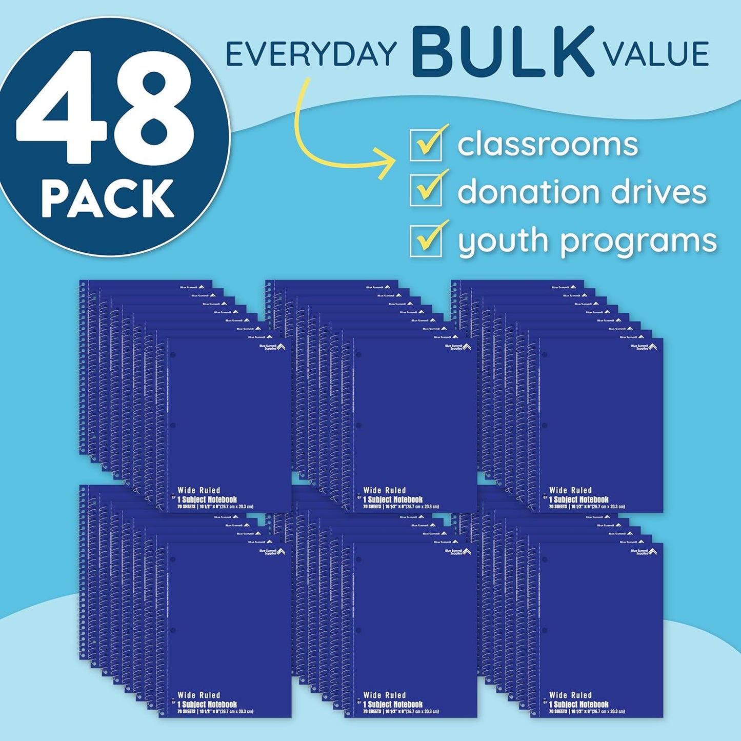 Blue Summit Blue Wide Ruled Spiral Notebooks Bulk, 1 Subject Spiral Notebook Wide Ruled, Paper School Bulk Notebooks, 48 Pack