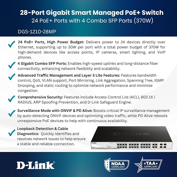 D-Link 28-Port Gigabit Smart Managed PoE+ Switch, 24 PoE+ Ports + 4 SFP Combo - Image 11