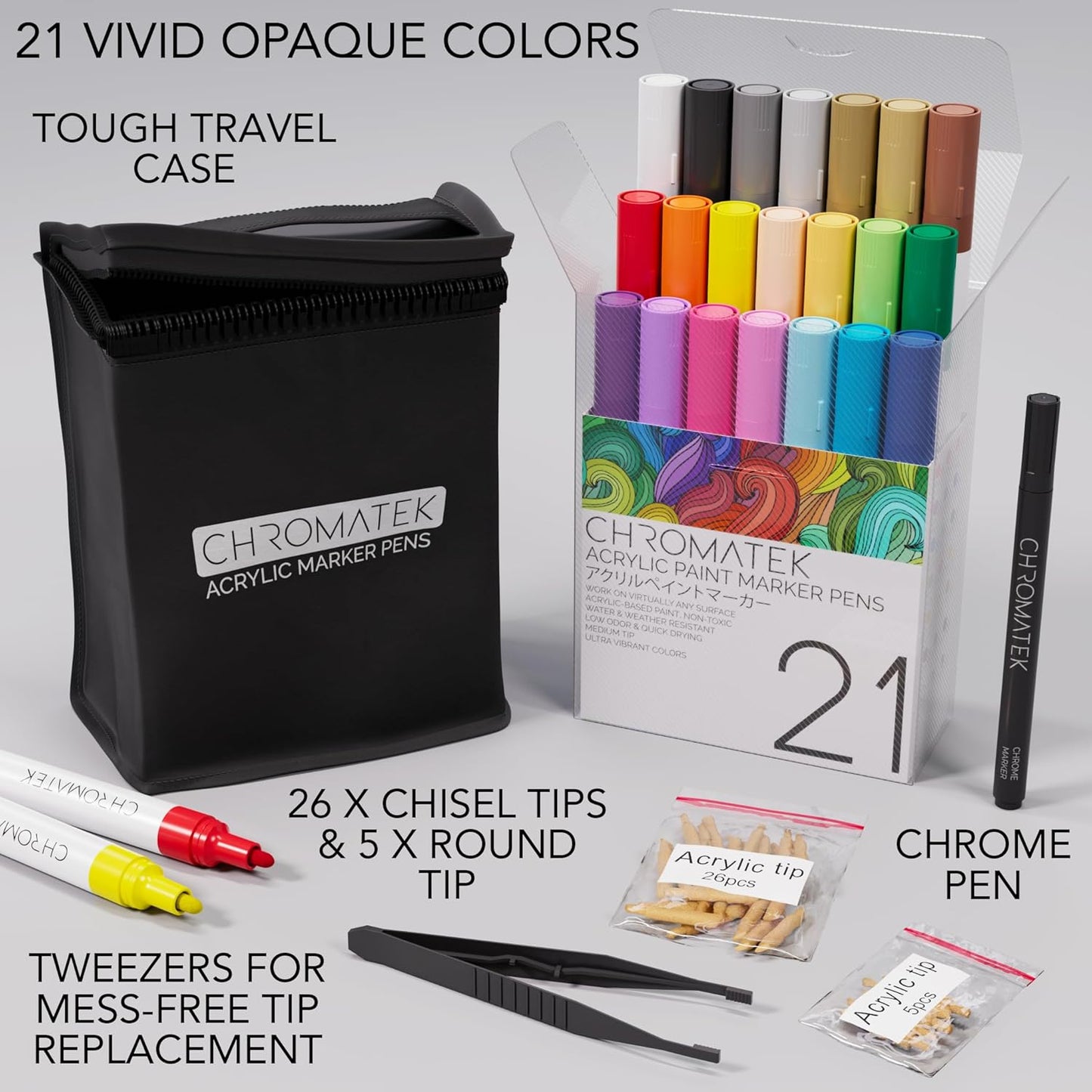 CHROMATEK Dual Tip Acrylic Paint Markers - 21 Colors Premium Paint Pens for Canvas, Rock Painting, Glass, Wood, Ceramic, DIY Crafts Art Supplies - Waterproof, Quick Drying with Video Tutorials & Ebook