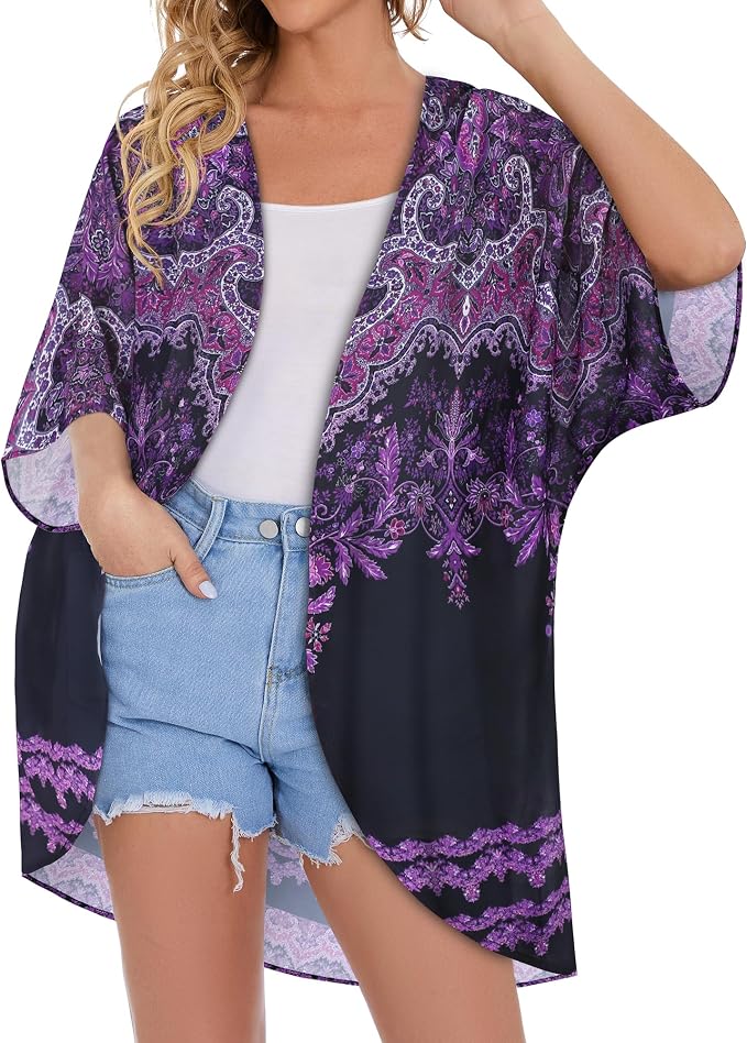 Women's Floral Print Puff Sleeve Kimono Cardigan Loose Cover Up Casual Blouse - Image 2