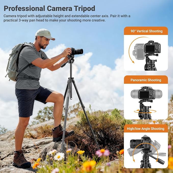 Joilcan 66" Travel Tripod for Camera, Aluminum Compact Tripod - Image 4