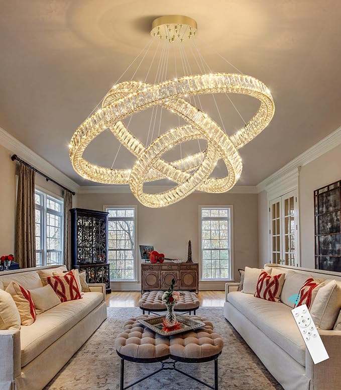 HAIXIANG Large Glam Chandelier Crystal LED 3 Rings Chandeliers Adjustable - Image 4