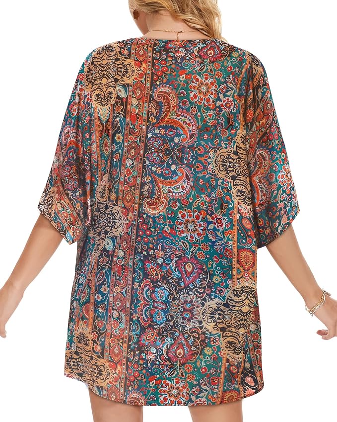 Women's Floral Print Puff Sleeve Kimono Cardigan Loose Cover Up Casual Blouse - Image 5