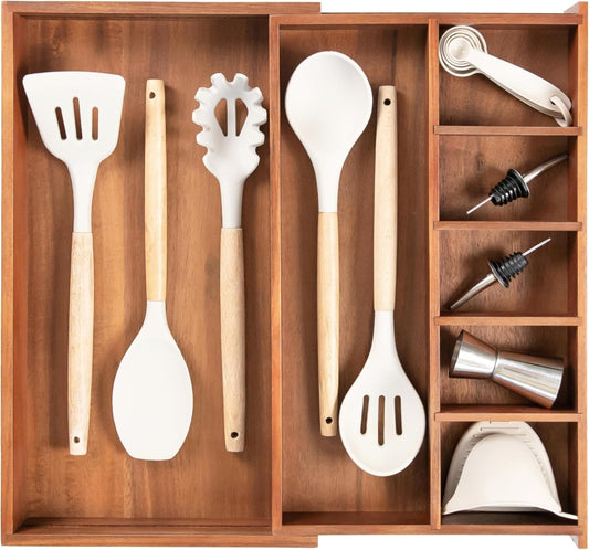 Adjustable Kitchen Drawer Organizer for Utensils and Junk, Food-Safe Contract Grade with 100% Sustainable Wood, Non-Slip, Expandable from 10.5 to 18.5 Inches Wide - Natural Acacia