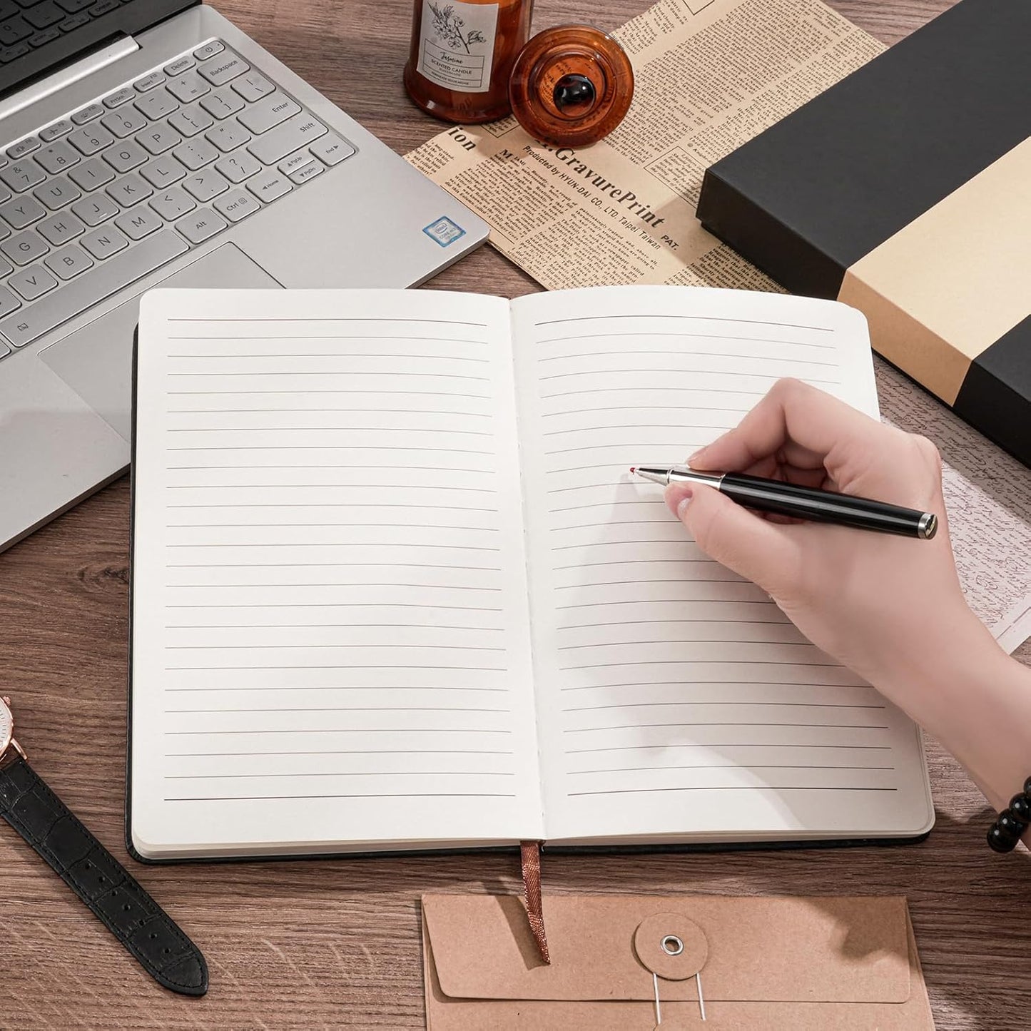 Lined Notebook Journal for Women Men 320 Pages A5 Hardcover Leather with Pen Holder College Ruled Journals for Work Note Taking Travel School Brown