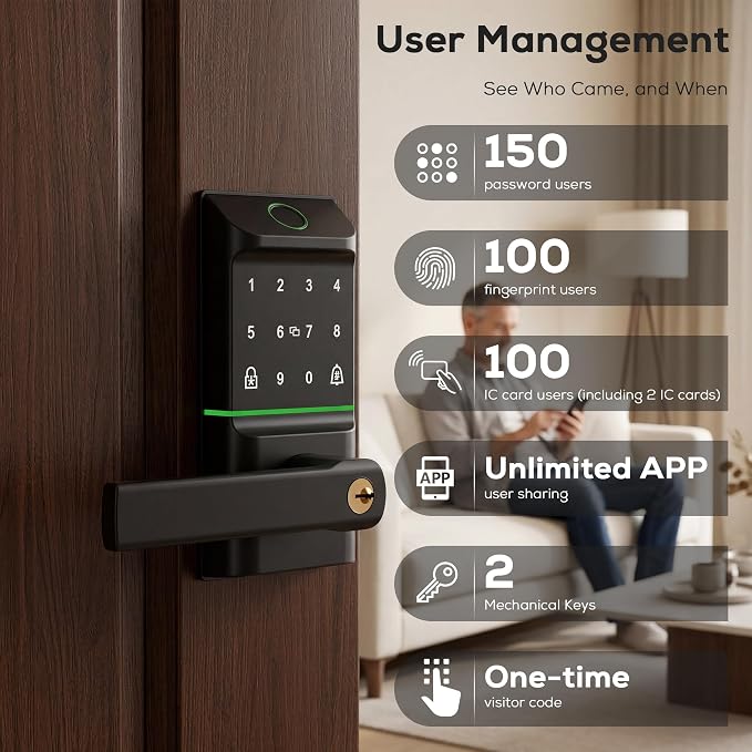 Smart Door Lock Keyless Entry, 6-in-1 Biometric Deadbolt w/Fingerprint - Image 4