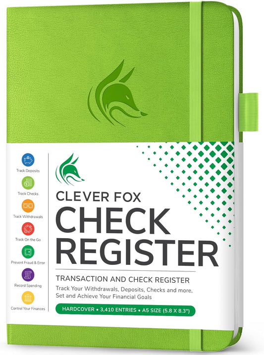 Clever Fox Check Register Book - Deluxe Transaction Register, Accounting Ledger Book, Checkbook Register & Checking Account Register Book for Personal and Work Use, A5 Hardcover - Green