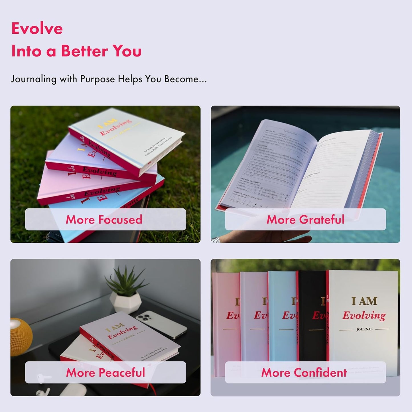 I AM Evolving Journal: Set Goals, Embrace Gratitude, Cultivate Habits, Achieve Inner Peace | Undated Gratitude Journal for Personal Development, Mindfulness, & Daily Reflection. (Misty Rose)