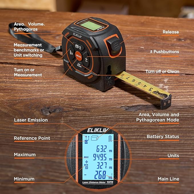Laser Tape Measure 2-in-1, 197Ft Laser Distance Meter & 16Ft Digital Tape - Image 5