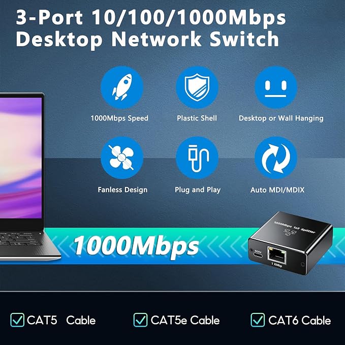 3 Port Gigabit Wired Ethernet Switch 1000Mbps USB Type-C 5V Powered Aluminum - Image 5
