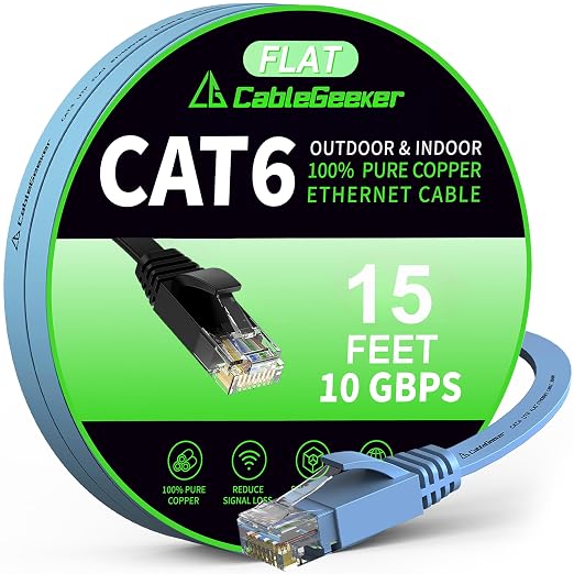 Cat 6 Ethernet Cable 15ft, Indoor&Outdoor, High Speed 10Gbps Flat Internet by CableGeeker