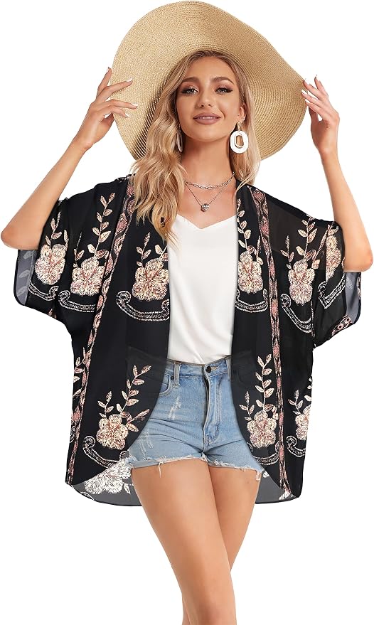 Women's Floral Print Puff Sleeve Kimono Cardigan Loose Cover Up Casual Blouse - Image 6