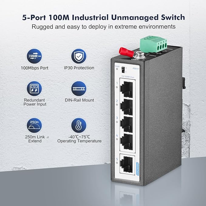 5 Port Mini Industrial Switch, 4 Ports and 1 Uplink, 10/100Mbps Fast Ethernet - Image 2