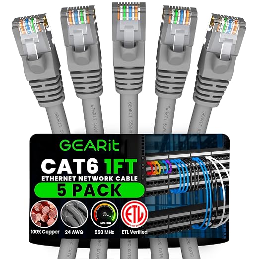 GEARit Cat 6 Patch Cables 1 ft Gray Cat6 Patch Cables 1ft Gray/Ethernet Patch by GEARit