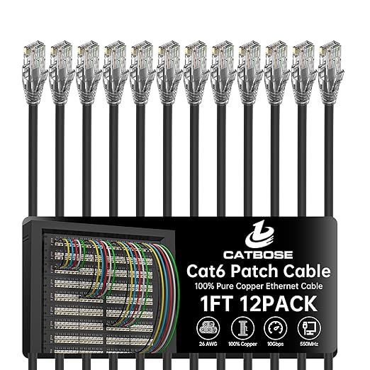 1 Foot Cat6 Patch Cables, Solid Pure Copper Patch Cord, Cat 6 Ethernet Cable by CatBose