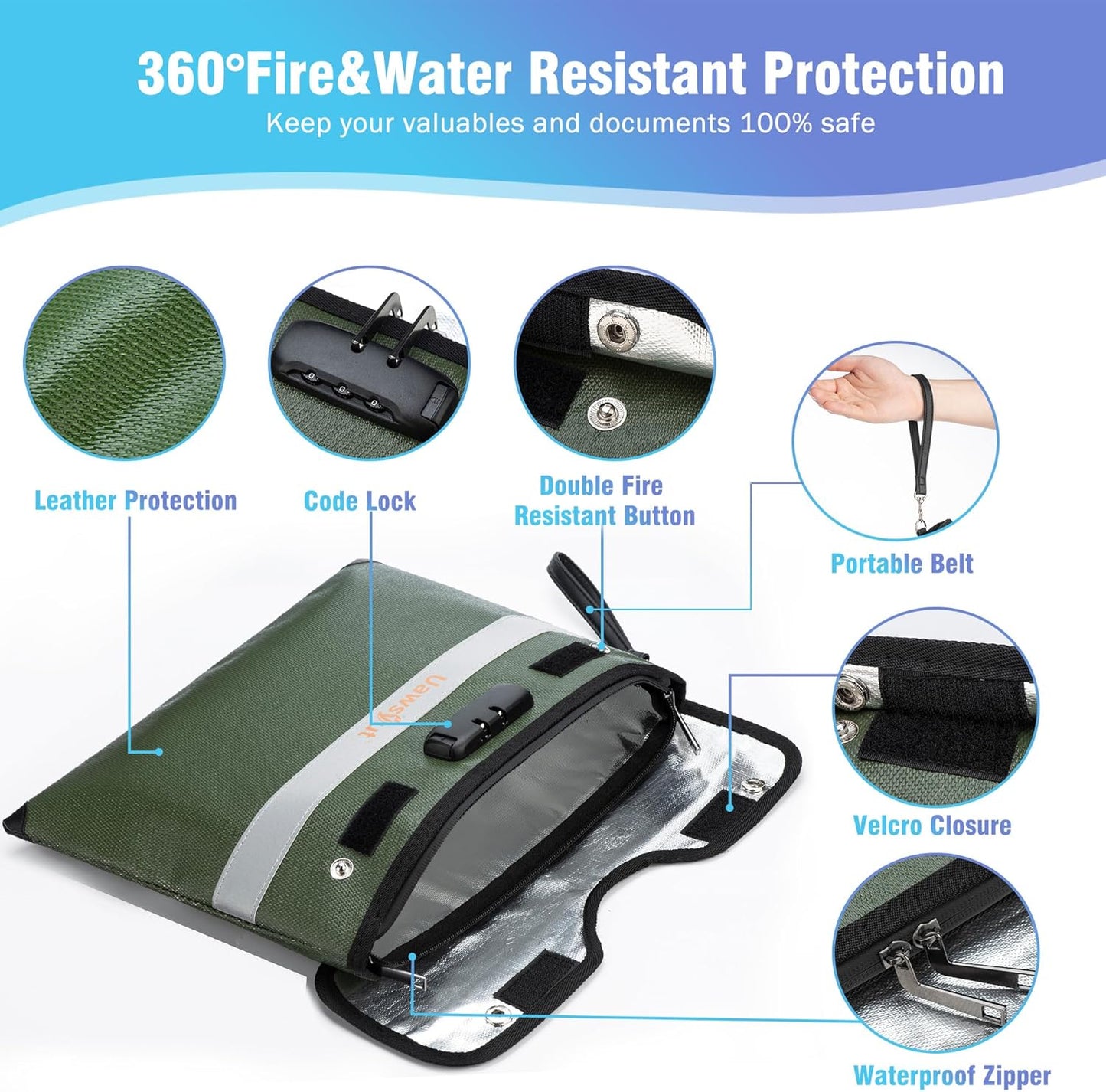 5200℉ Fireproof Document Bag with Lock, Portable Money Bag with Zipper Closure, Waterproof Envelope with Reflective Strip for A4 Letter, Tablet, Valuables, Cash and Passport(14.3"x11.2", Green)