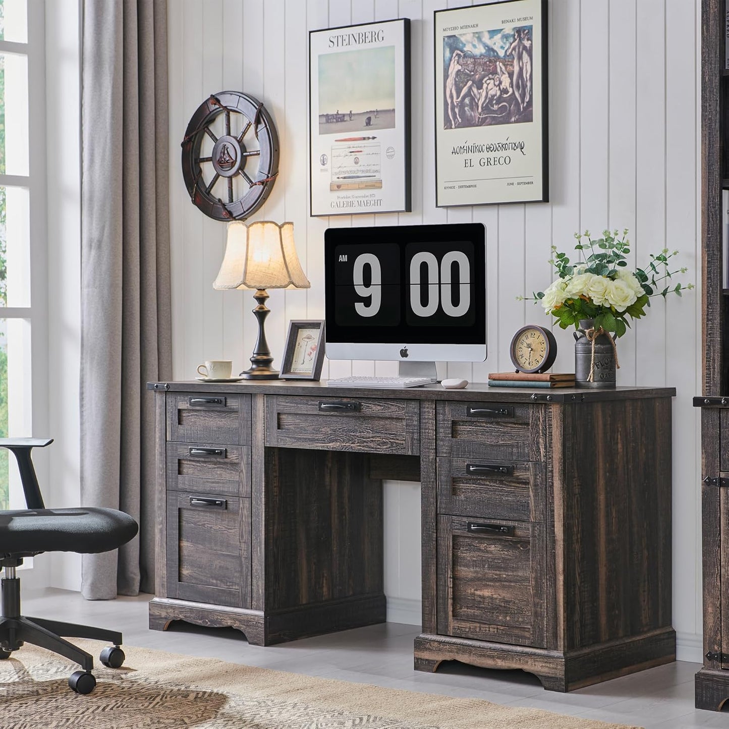 RedLemon 60" Executive Desk, Farmhouse Home Office Desk with Drawers, Charging Station, Keyboard Tray, File Drawer, Storage Cabinet, Wood Rustic Computer Writing Desk (Dark Rustic Oak)