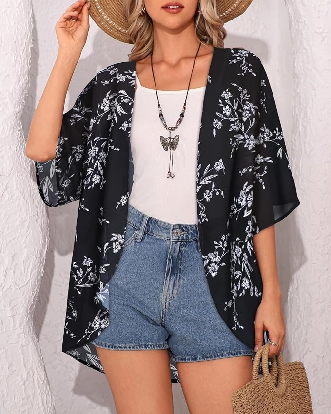 Women's Floral Print Puff Sleeve Kimono Cardigan Loose Cover Up Casual Blouse - Image 4