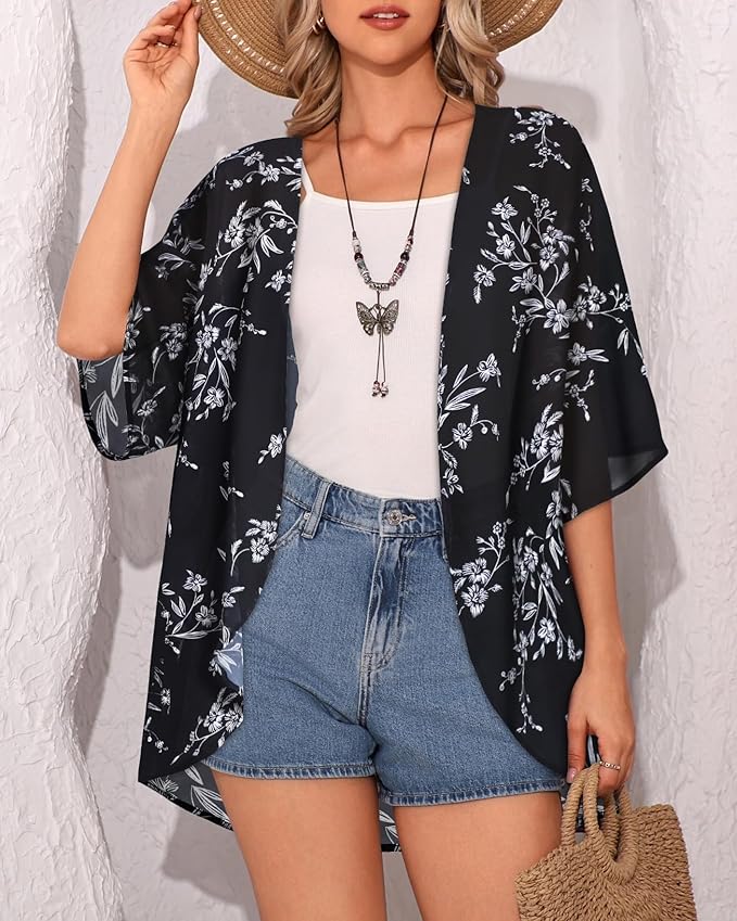 Women's Floral Print Puff Sleeve Kimono Cardigan Loose Cover Up Casual Blouse - Image 4