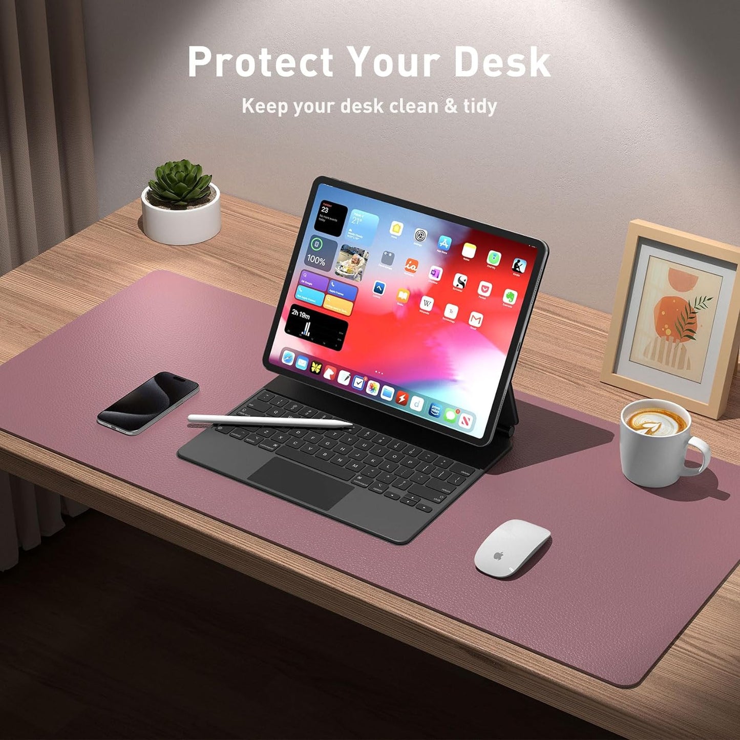 Aothia Leather Desk Pad Protector, Mouse Pad, Office Desk Mat, 31.5" x 15.7" Non-Slip PU Leather Desk Blotter, Laptop Desk Pad, Waterproof Desk Writing Pad for Office and Home (Dark Pink)
