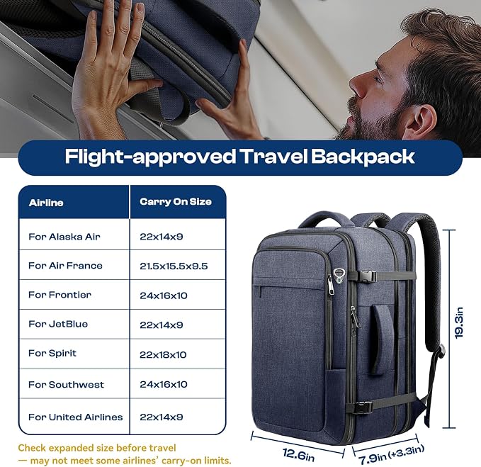 Carry on Backpack, 35L-45L Expanable Travel backpack, TSA Airplane Approved - Image 2