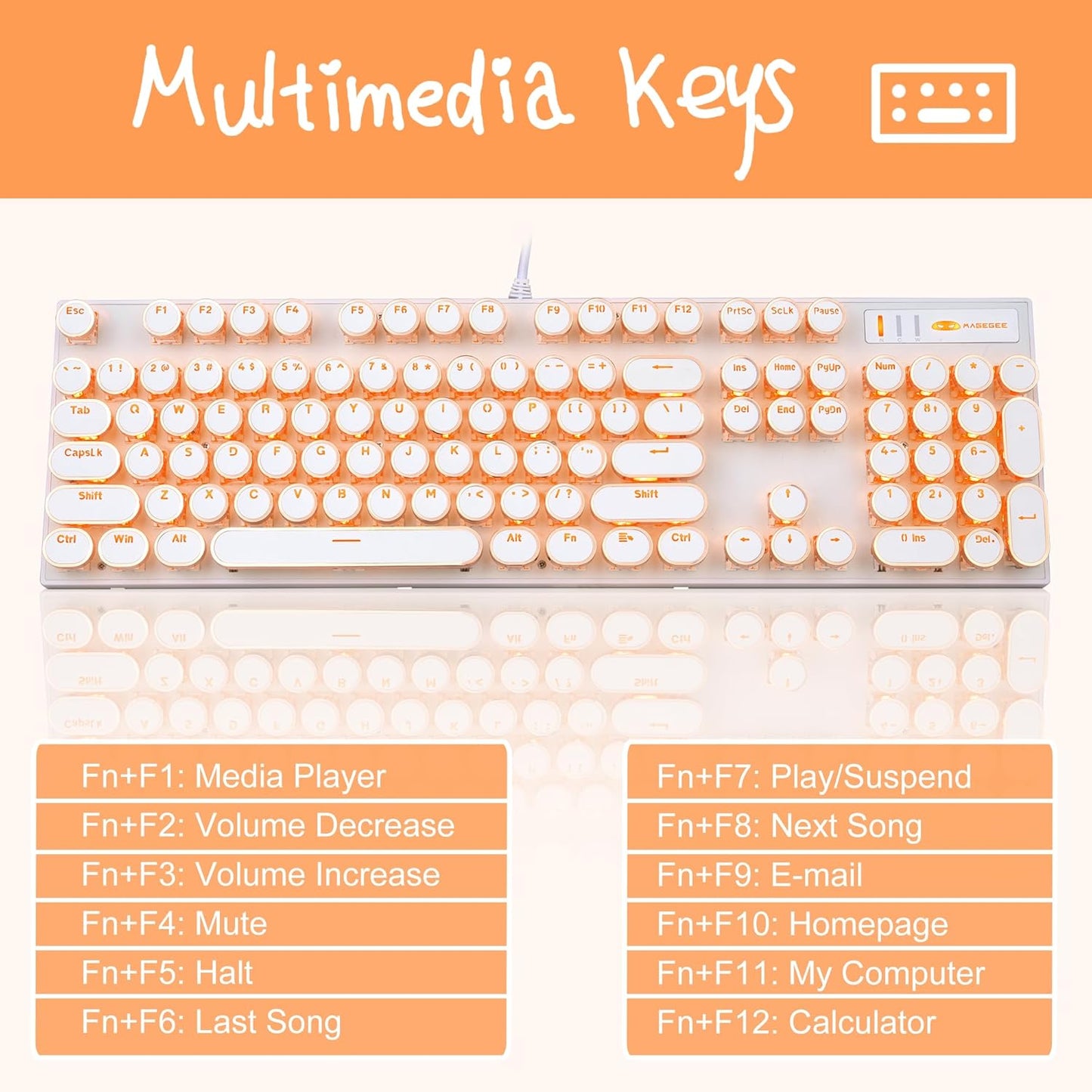 Typewriter Style Mechanical Keyboard, Retro Punk Gaming Keyboard with Gold LED Backlit, Cute Wired Keyboards,104 Keys Full Size Keyboards, Uique Round Keycaps for Windows/Mac/PC(White&Gold)