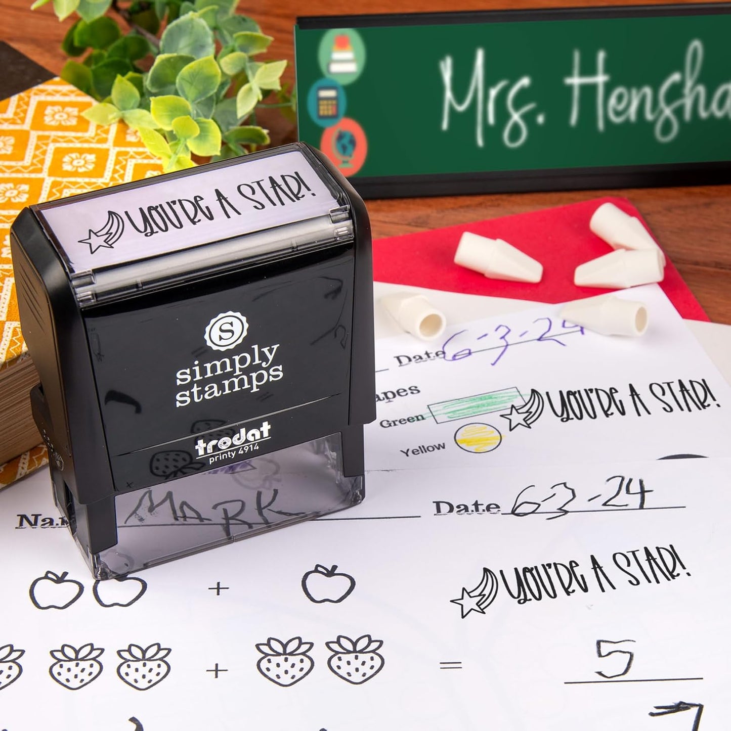 Custom Self-Inking Stamps | 49 Designs | Fun Phrases | Grading Made Easy | Classroom, Library Book Stamps (You're a Star!, Xtra Large)