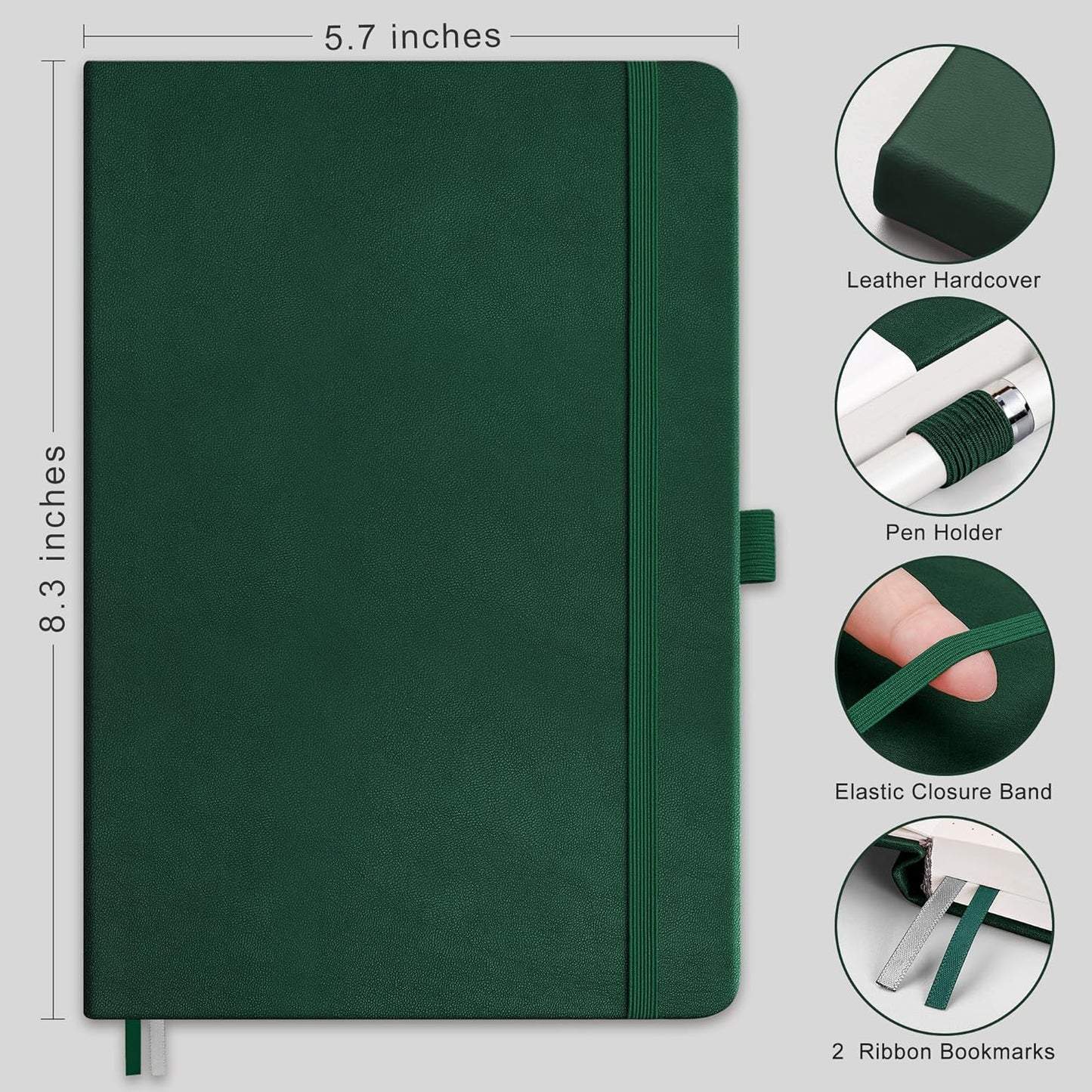 RETTACY Bullet Dotted Journal Notebook, 256 Pages, A5 Medium Size (5.7'' × 8.3''), Leather Hardcover, 120 GSM Thick Paper, for Bullet Journaling, Planning, Tracking (Dark Green)