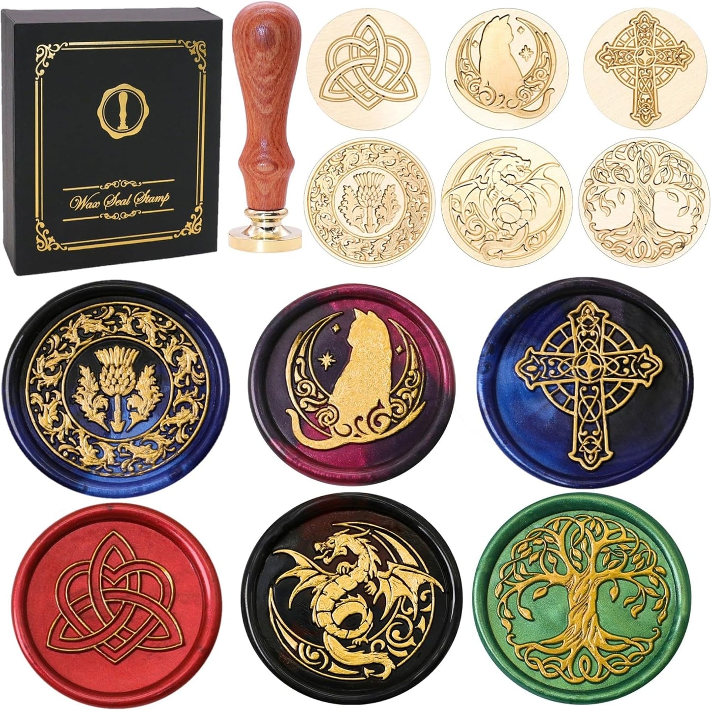 SWANGSA Celtic Wax Seal Stamp Gift Box Set, Vintage 6 Sealing Heads + 1 Wooden Hilt, Wax Stamp Kit for Party Invitations, Envelopes, Cards and Gift Packaging