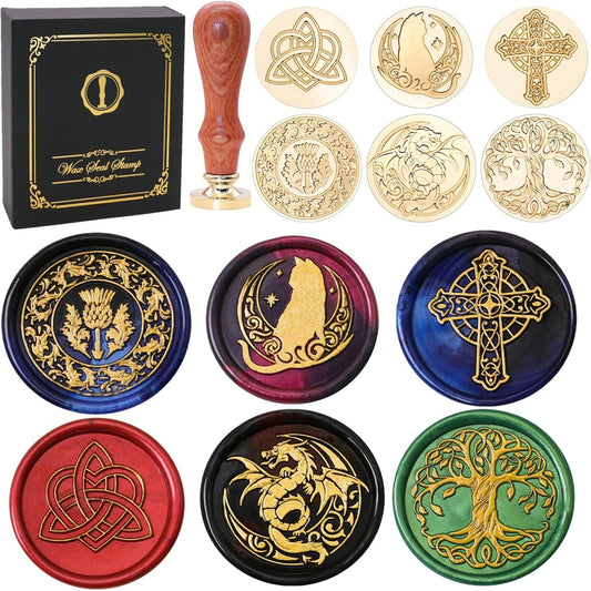 SWANGSA Celtic Wax Seal Stamp Gift Box Set, Vintage 6 Sealing Heads + 1 Wooden Hilt, Wax Stamp Kit for Party Invitations, Envelopes, Cards and Gift Packaging