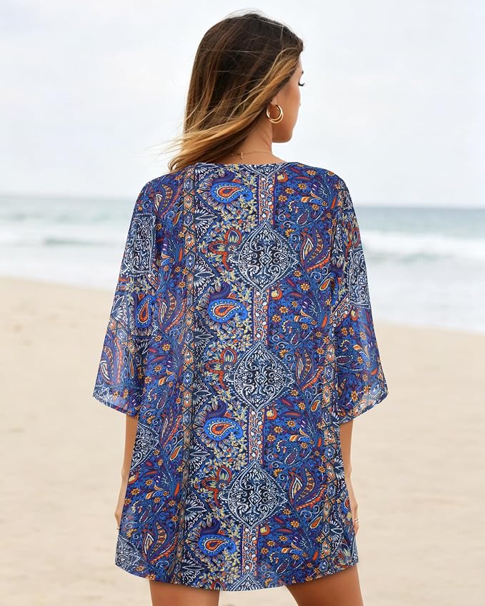 Women's Floral Print Puff Sleeve Kimono Cardigan Loose Cover Up Casual Blouse - Image 6