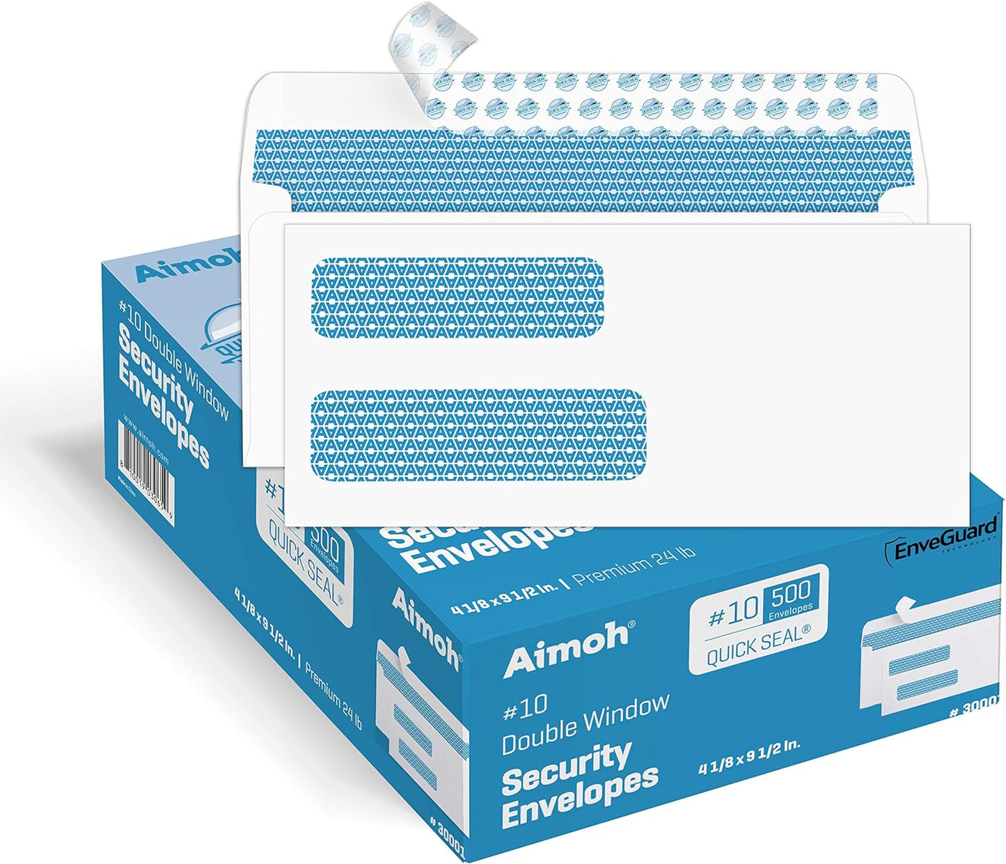 Aimoh 500 Count #10 Double Window Self Seal Security Envelopes - for Invoices, Statements & Business Mailings, Security Tinted - EnveGuard, Size 4-1/8 x 9-1/2 -White -24 LB(30001)