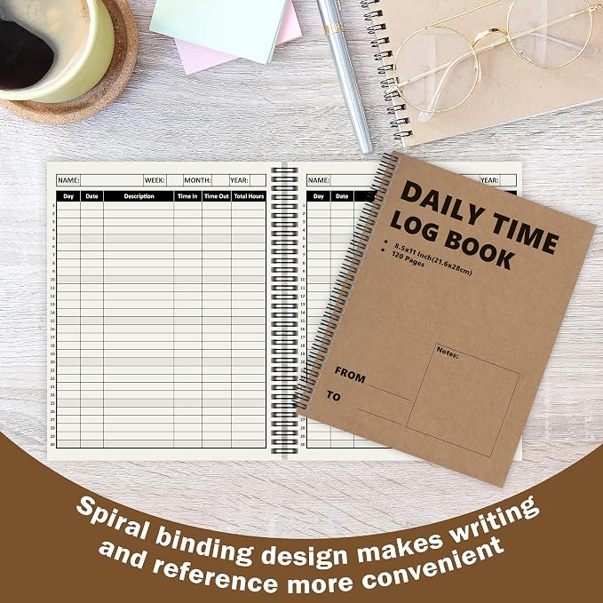 3 Pcs Daily Time Sheet Log Book Spiral 120 Pages 8.5x11 Inch Binder Work Hours - Image 6