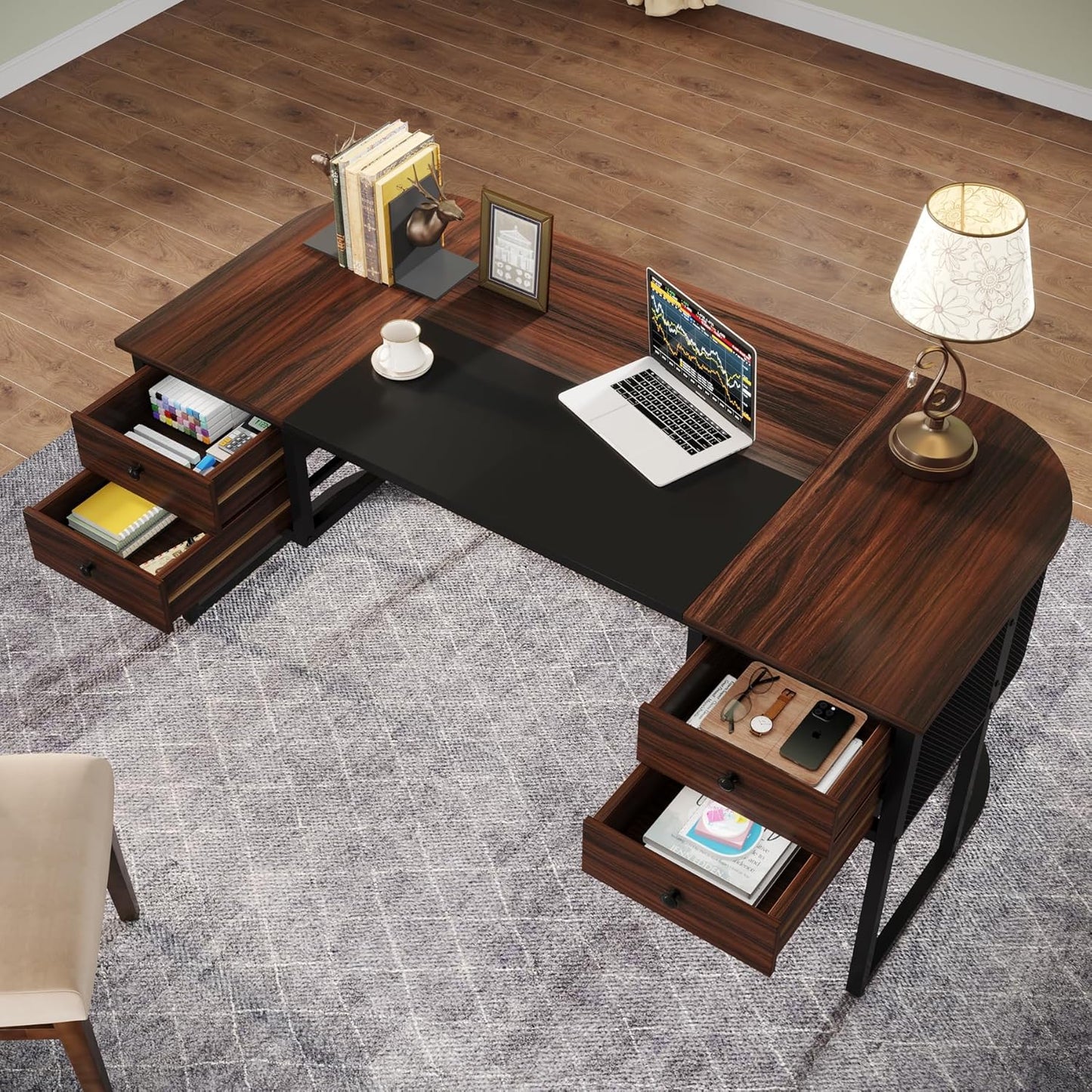 Tribesigns 63-Inch Executive Desk with 4 Drawers, Large Home Office Desk Computer Desk, Business Furniture Desk Workstation for Home Office, Dark Walnut