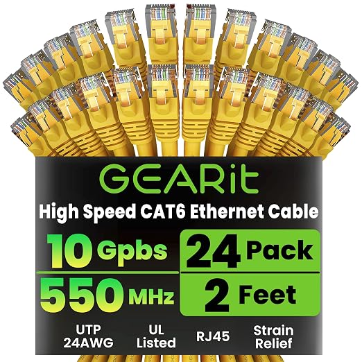 GEARit Cat 6 Ethernet Patch Cables 2 ft Yellow, High Speed 24AWG 10Gbps RJ45 by GEARit