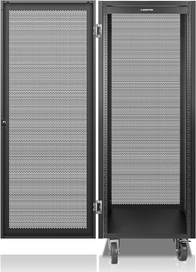 Sound Town 30U Universal Steel Rack, w/Mesh Doors, Locking Casters, Vented Side by SOUNDTOWN