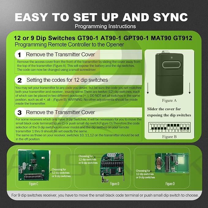 Avisontek 2-Pack for 9 & 12 DIP Switch Genie Garage Door Opener Remote - Image 9