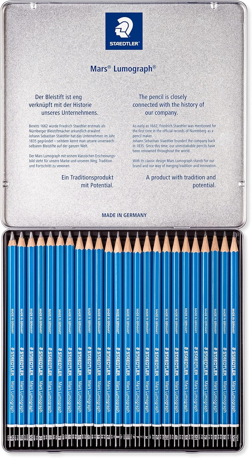 STAEDTLER Mars Lumograph Art Drawing Pencils, Graphite Pencils in Metal Case, Break-Resistant Bonded Lead, Grades 12B-10H, Set of 24