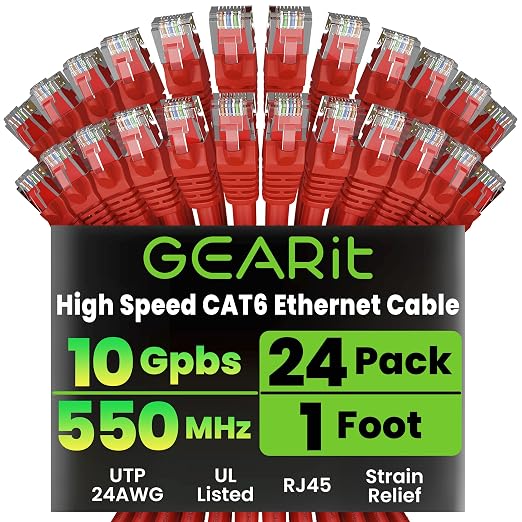 GEARit Cat 6 Ethernet Patch Cables 1 ft Red, CAT6 High Speed 24AWG 10Gbps RJ45 by GEARit