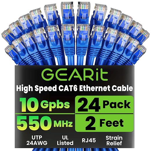 GEARit Cat 6 Ethernet Patch Cable 2 ft Blue, Cat 6 High Speed 24AWG 10Gbps RJ45 by GEARit