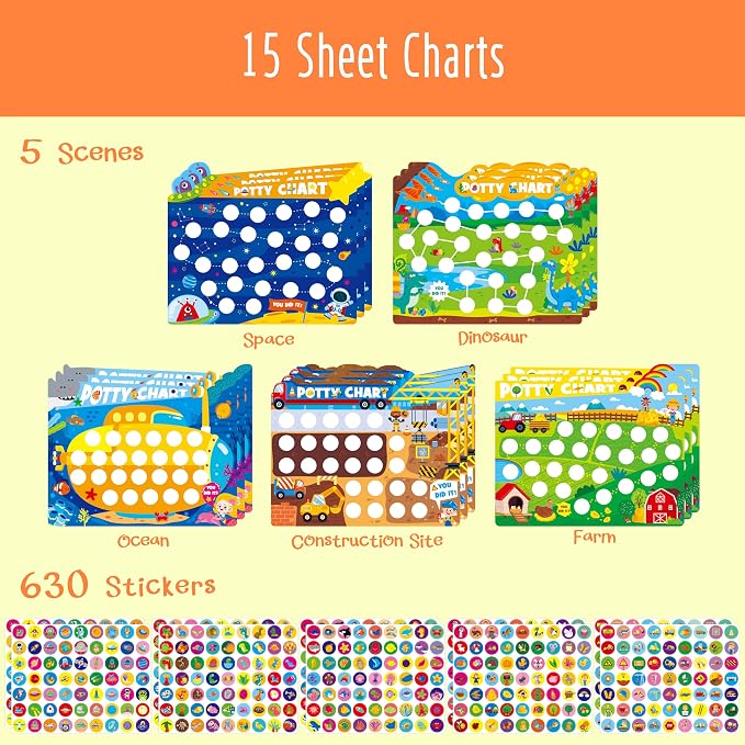 Potty Training Sticker Chart for Kids, 15 Incentive Potty Charts & 630 Stickers - Image 2