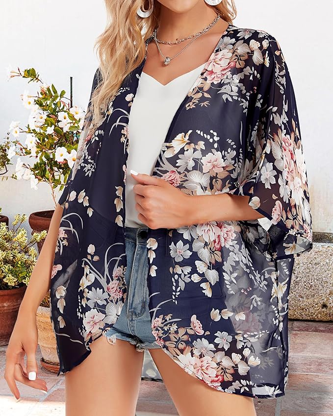 Women's Floral Print Puff Sleeve Kimono Cardigan Loose Cover Up Casual Blouse - Image 6